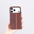 Apple iPhone 17 Pro Max için, Hakiki Deri, El Yapımı, Cüzdanlı Slim Kılıf, Mag safe ile uyumlu, İç Yüzeyi Kadife, Antik Kahve