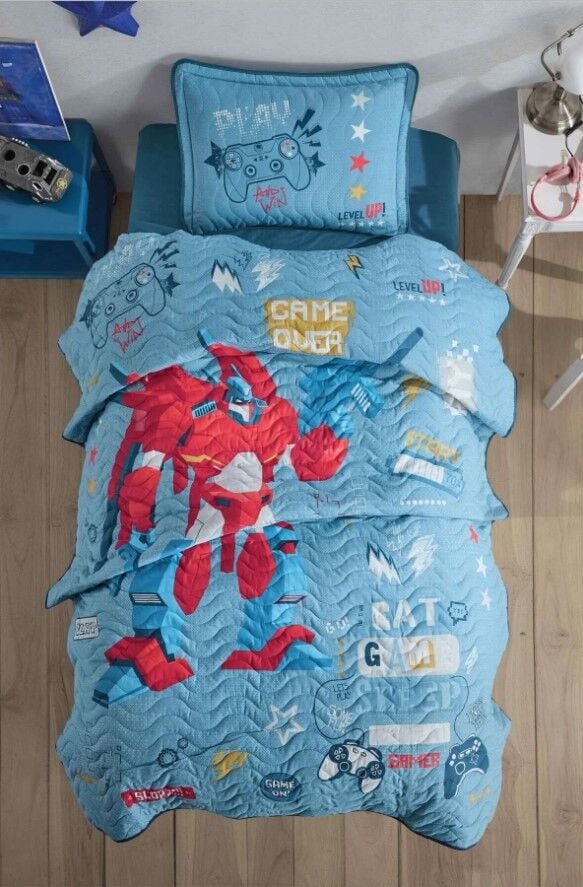 Clasy Tek Kişilik Yatak Örtüsü Game Over v1 Mavi
