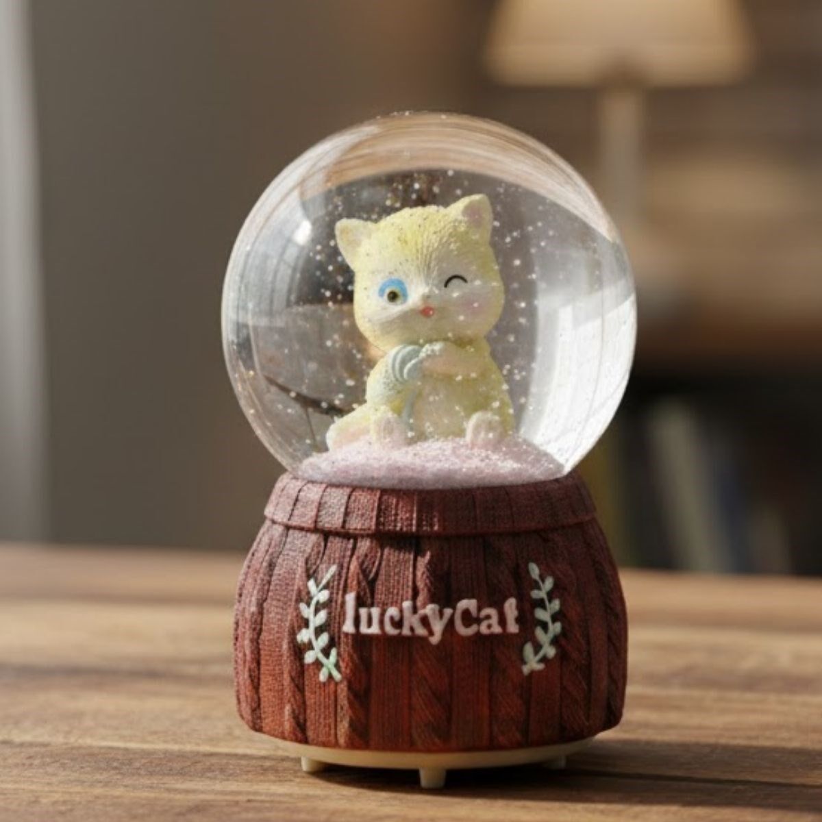 Pilli Işıklı Müzikli Kar Küresi–Şanslı Kedi Figürlü Eğlenceli Masaüstü Biblo, LED Aydınlatmalı Dekoratif Hediyelik Kar Küresi