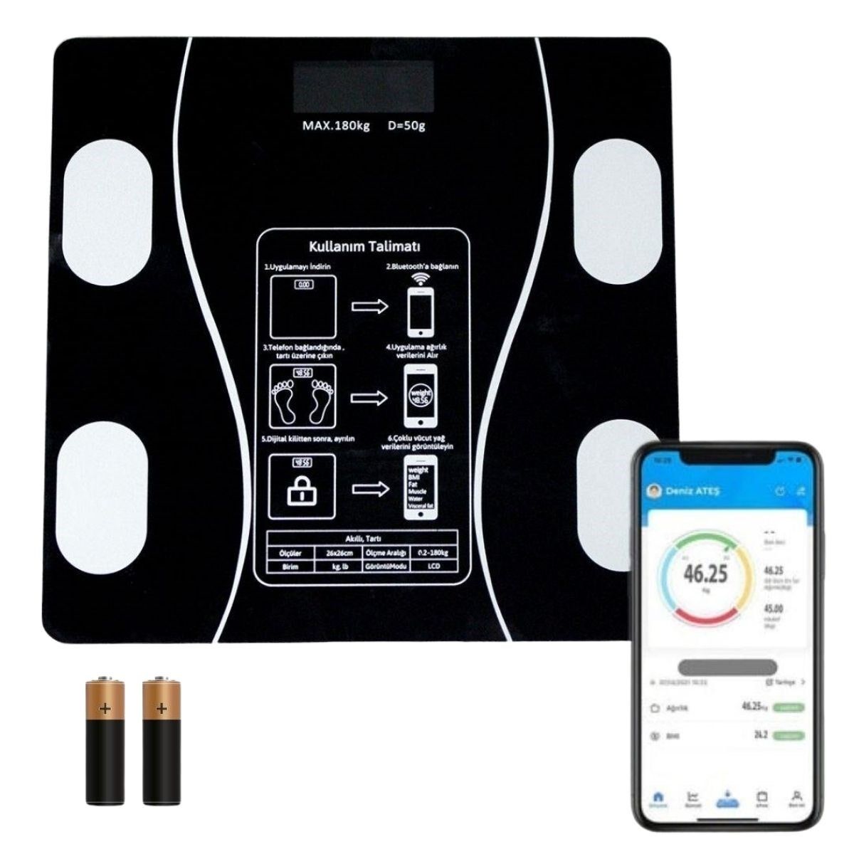 Yumurcak Shop® Dijital Baskül Yağ Ölçer Fonksiyonlu Akıllı Baskül Bluetooth Bağlantılı Tartı