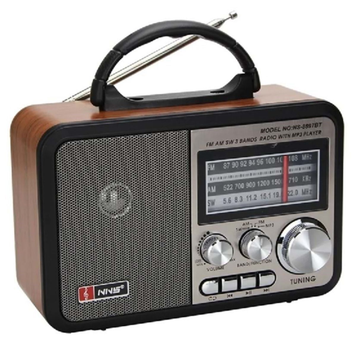 Yumurcak Shop® Orta Boy Retro, Nostaljik, Ahşap Tasarım Bluetooth Hoparlörlü, Şarjlı, Taşınabilir FM/AM Destekli Radyo NS-8897