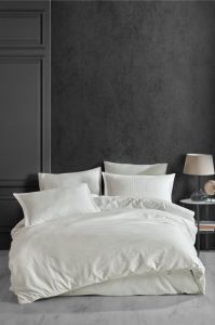 Clasy Çizgili Saten Nevresim Takımı Çift Kişilik Ekru