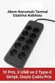 Akım Korumalı Termal Uzatma Kablosu – 10 Priz, 2 USB ve 2 Type-C Girişli, Güçlü Çoklu Priz