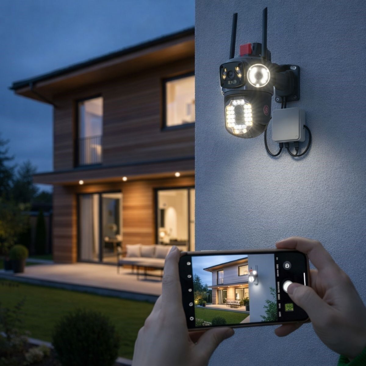 Kablolu Akıllı Güvenlik Kamerası – 4 Kameralı Çok Lensli, 360° PTZ Hareketli, Çift Antenli, Gece Görüşlü, Dış Mekan IP Kamera