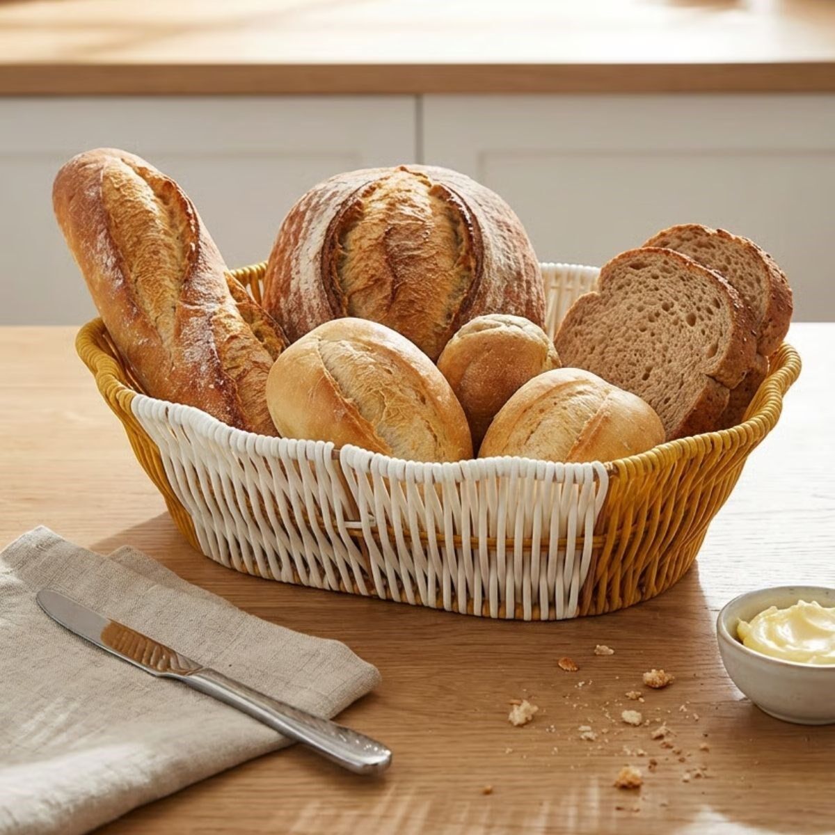 Oval Çift Renkli Plastik Rattan Ekmek ve Meyve Sepeti - Çok Amaçlı Banyo ve Mutfak Düzenleyici - Yıkanabilir Dekoratif Tezgâh Üstü Organizer