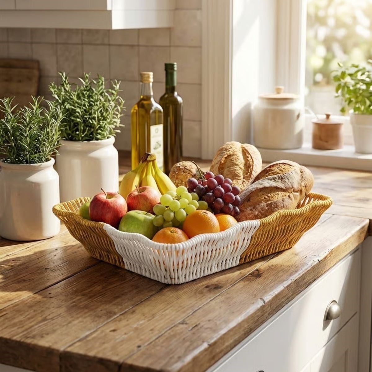 Dikdörtgen Çift Renkli Plastik Rattan Ekmek ve Meyve Sepeti - Çok Amaçlı Banyo ve Mutfak Düzenleyici - Yıkanabilir Tezgâh Üstü Organizer