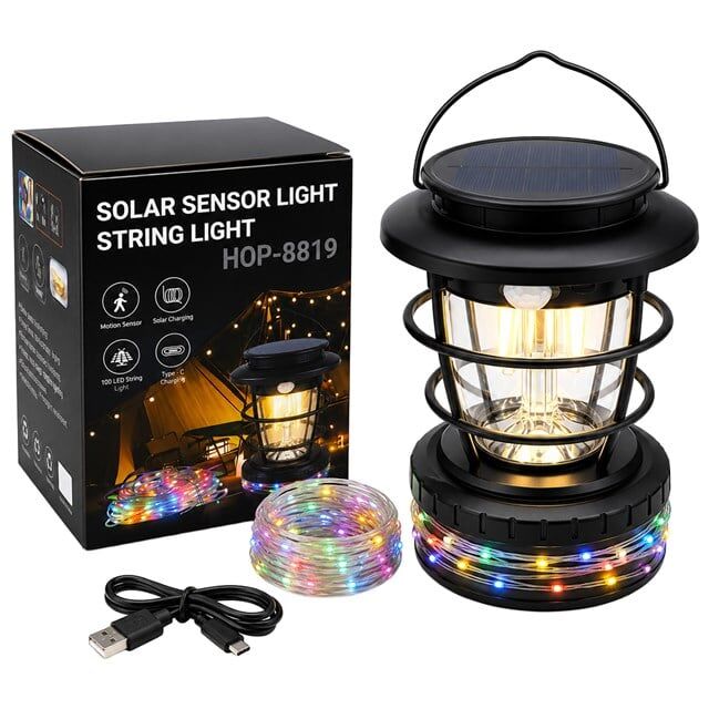 Powermaster HOP-8819 Solar Güneş Panelli Sensörlü Kamp Lambası (Filament + SMD + RGB Şerit)