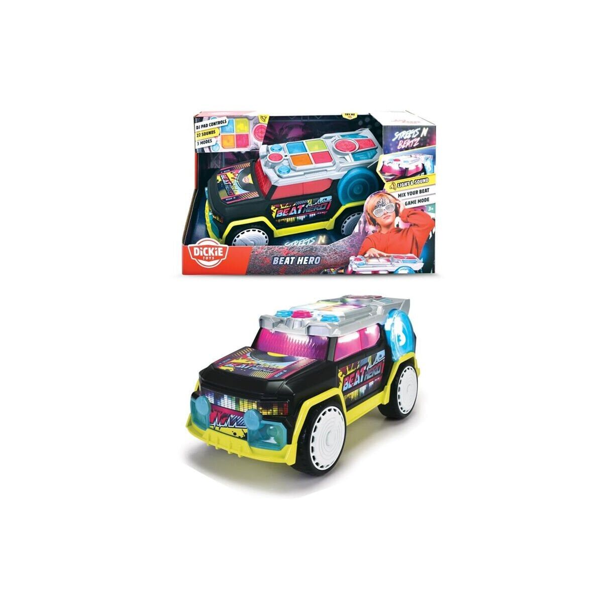 203767001 ''Dickie Beat Hero

freewheel, light, sound, music, 3 modes: free play-