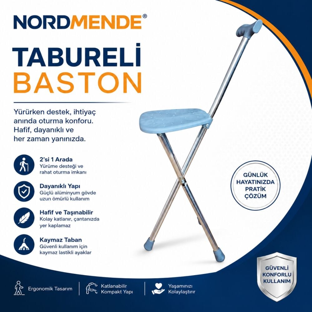 NordMende Tabureli Baston Oturaklı Katlanabilir Yürüyüş Bastonu Taşınabilir Baston Sandalye