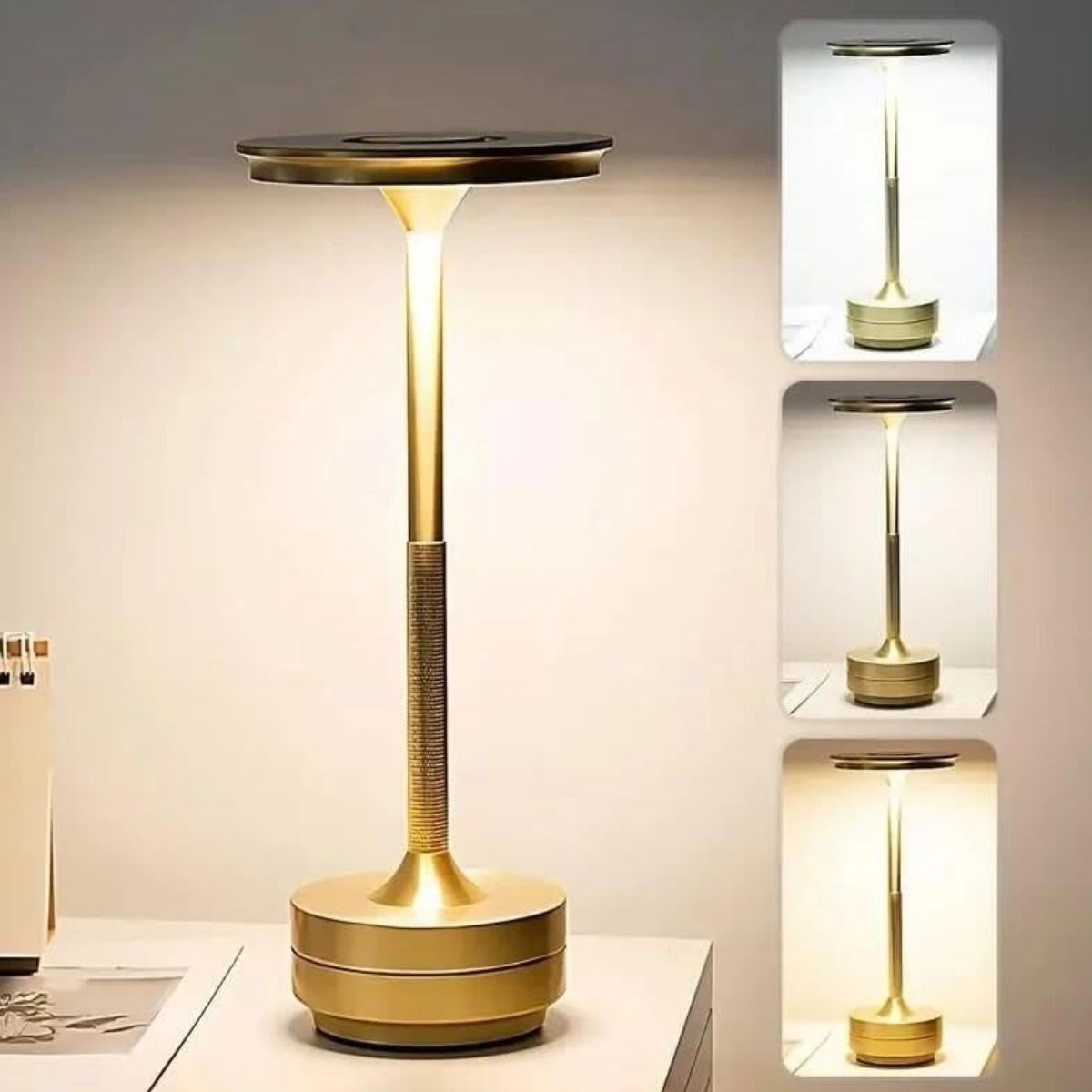 Yumurcak Shop® Eskitme Gold Kasa Dokunmatik Şarjlı Masa Lambası – 3 Renk Işık Modlu, LED Aydınlatmalı, Modern & Dekoratif Abajur