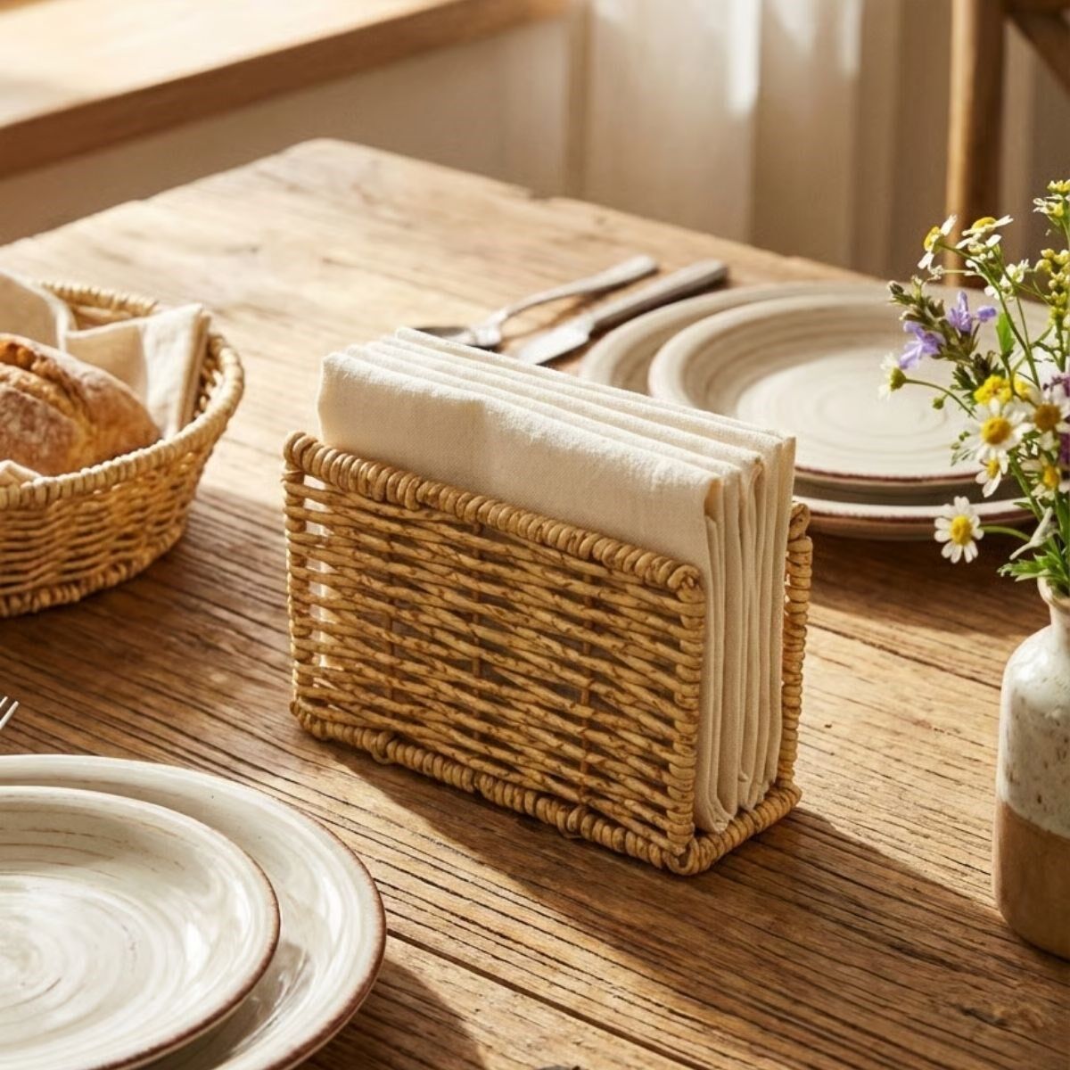 Yumurcak Shop® Dekoratif Plastik Rattan Dikdörtgen Peçetelik–Doğal Hasır Dokulu Masaüstü Peçete Standı