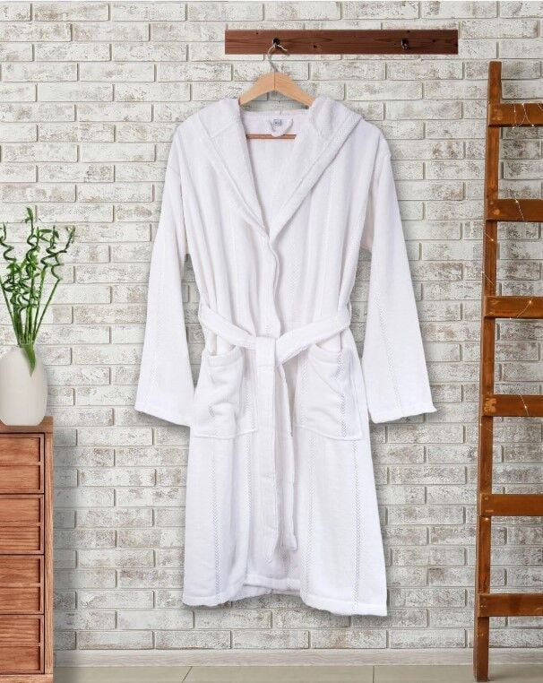 Ephemeris Pamuk Kapüşonlu Unisex Bornoz - Lara Beyaz