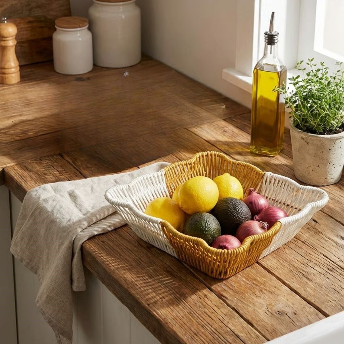 Yumurcak Shop® Kare Dalgalı Çift Renkli Plastik Rattan Ekmek ve Meyve Sepeti - Çok Amaçlı Banyo ve Mutfak Düzenleyici - Yıkanabilir Tezgâh Üstü Organi