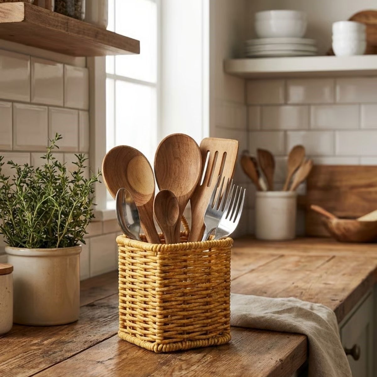 Yumurcak Shop® Kare Hasır Dokulu Plastik Rattan Kaşıklık & Çatallık – Askılı Kendiliğinden Tutmalı Çok Amaçlı Mutfak Organizeri