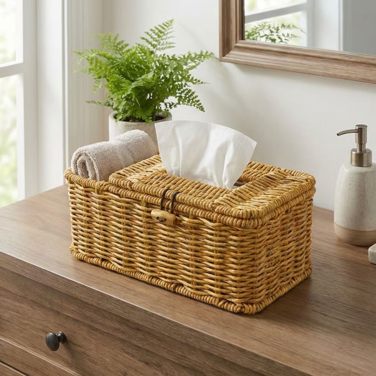 Yumurcak Shop® Bölmeli Kapaklı Doğal Rattan Görünümlü Hasır Makyaj, Takı ve Havlu Düzenleyici – Peçetelikli Çok Amaçlı Masaüstü Organizer Sepet