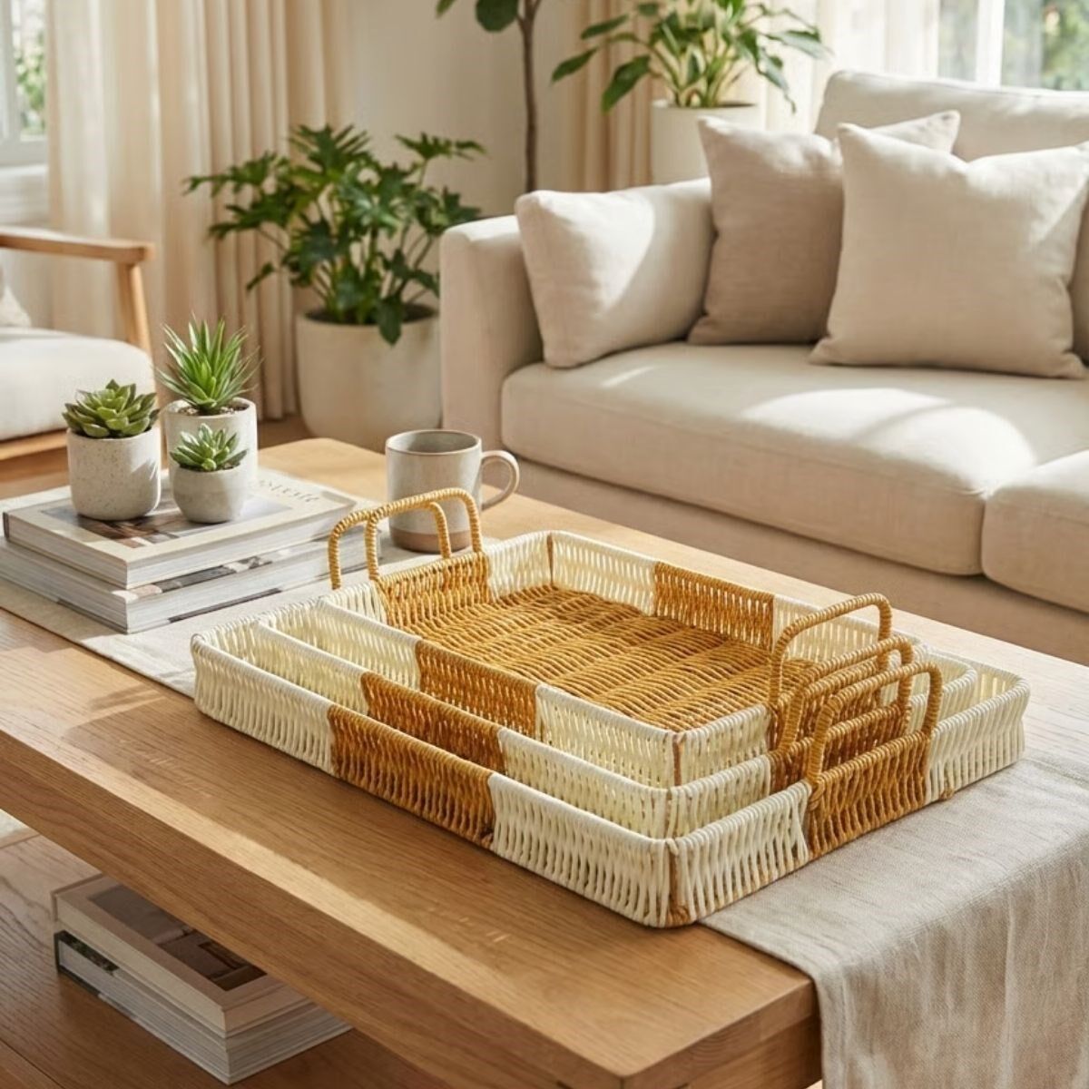 Yumurcak Shop® İç İçe Geçebilen 3’lü Dikdörtgen Plastik Rattan Tepsi Seti–Çift Renkli Hasır Görünümlü Çok Amaçlı Servis ve Sunum Tepsileri