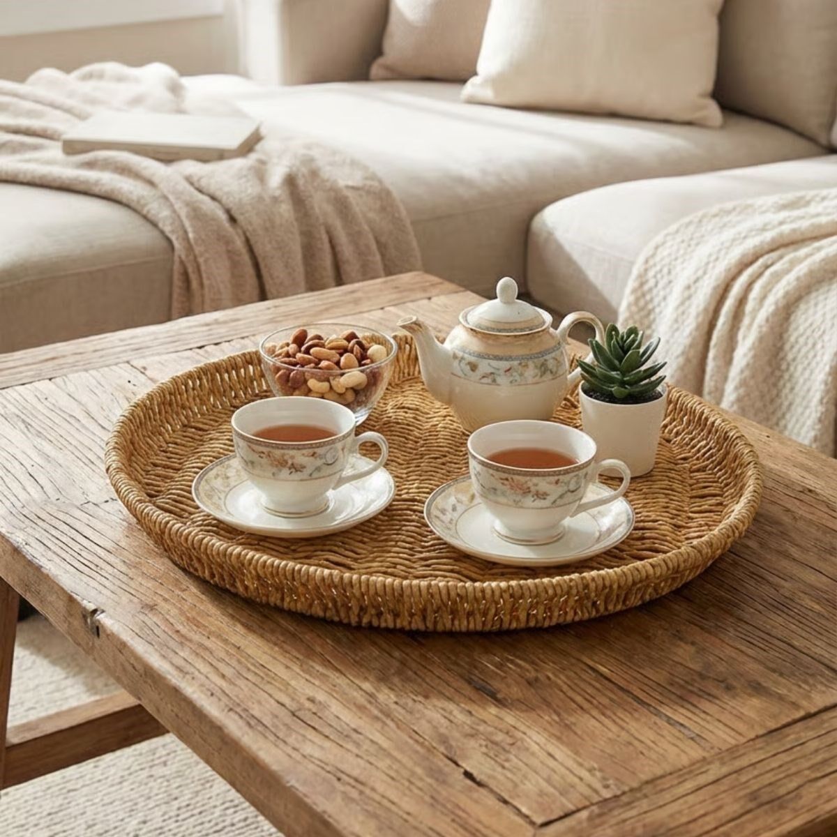 Yumurcak Shop® 40 cm Plastik Rattan Tepsi – Hasır Görünümlü Dekoratif Servis Tepsisi, Mutfak, Kahvaltı, Sunum ve Masaüstü Çok Amaçlı Organizer