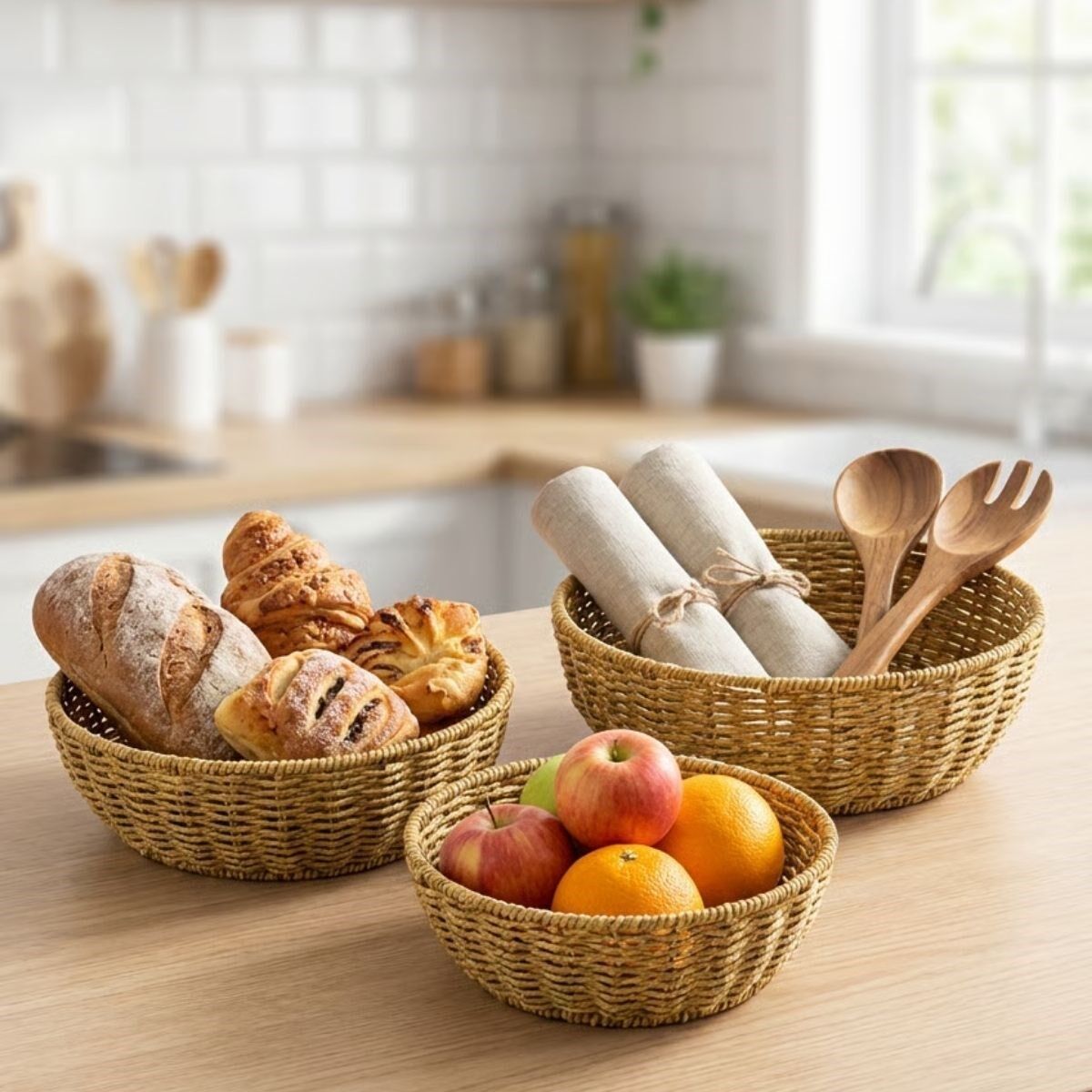 Yumurcak Shop® 3’lü Plastik Rattan Çanak Seti – Hasır Görünümlü İç İçe Geçebilen Sunum ve Düzenleme Kaseleri, Mutfak & Masaüstü Çok Amaçlı Organizer