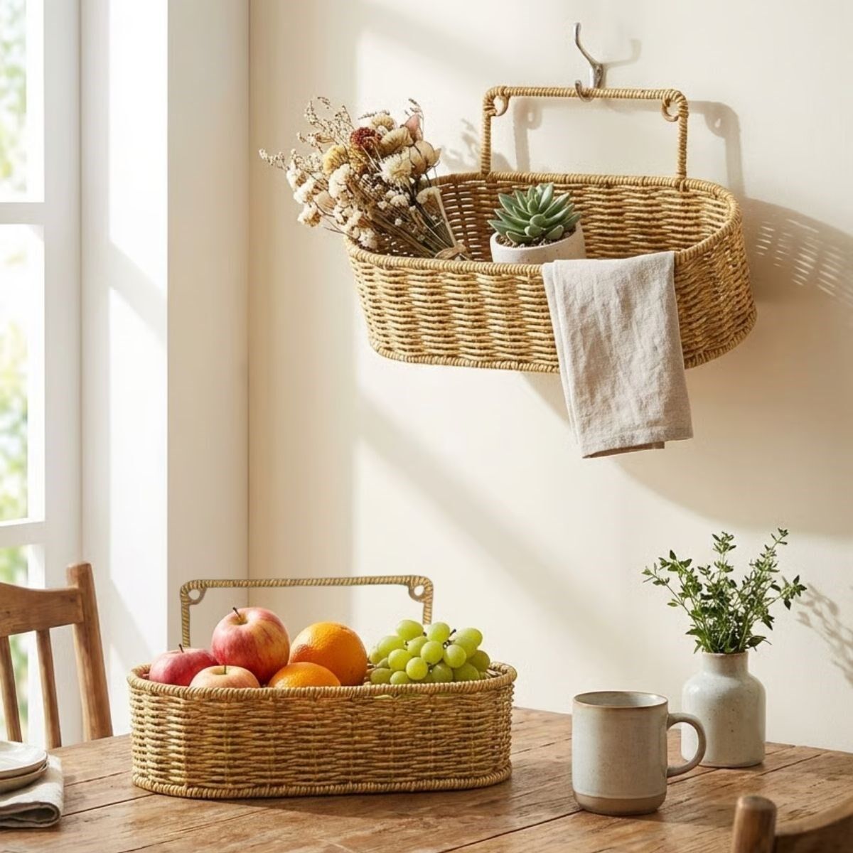Yumurcak Shop® 2’li Duvar Askılı Plastik Rattan Organizer – Oval Hasır Görünümlü Mutfak Raf Sepeti, Banyo ve Ev İçi Düzenleme Ünitesi