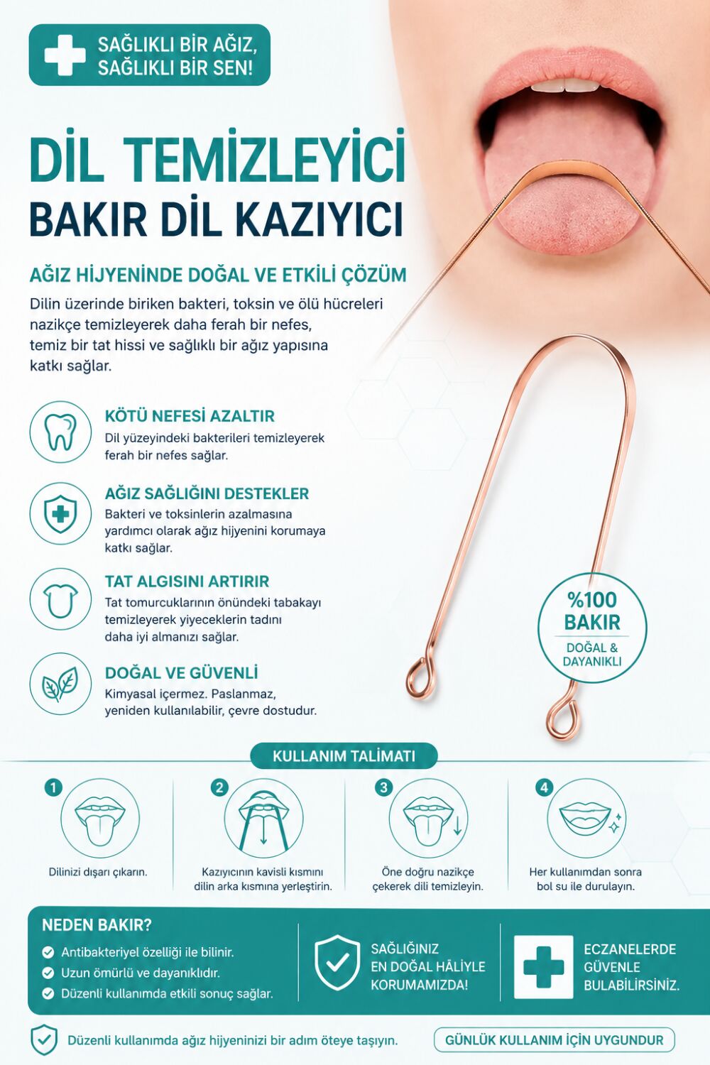 NORDMENDE Bakır Dil Temizleme Aparatı – Dil Temizleyici – Ağız Bakım Aparatı – Dil Kazıyıcı – Metal Dil Temizleme Ekipmanı