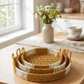Yumurcak Shop® İç İçe Geçebilen 3’lü Yuvarlak Plastik Rattan Tepsi Seti–Çift Renkli Hasır Görünümlü Çok Amaçlı Servis ve Sunum Tepsileri