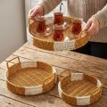 Yumurcak Shop® İç İçe Geçebilen 3’lü Yuvarlak Plastik Rattan Tepsi Seti–Çift Renkli Hasır Görünümlü Çok Amaçlı Servis ve Sunum Tepsileri