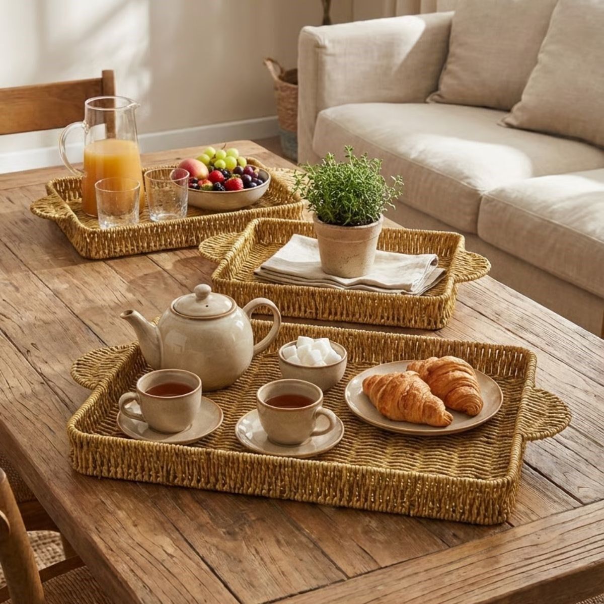 Yumurcak Shop® İç İçe Geçebilen 3’lü Dikdörtgen Plastik Rattan Tepsi Seti–Hasır Görünümlü Çok Amaçlı Servis ve Sunum Tepsileri