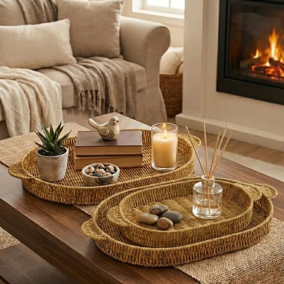 Yumurcak Shop® İç İçe Geçebilen 3’lü Oval Plastik Rattan Tepsi Seti–Hasır Görünümlü Çok Amaçlı Servis ve Sunum Tepsileri