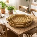 Yumurcak Shop® İç İçe Geçebilen 3’lü Yuvarlak Plastik Rattan Tepsi Seti–Hasır Görünümlü Çok Amaçlı Servis ve Sunum Tepsileri
