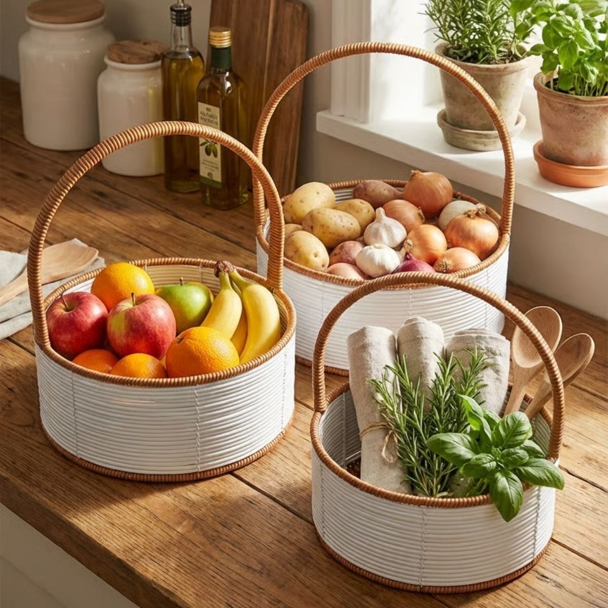 Yumurcak Shop® 3 Boy İç İçe Geçebilen Plastik Rattan Sepetler–Beyaz Renkli,Kahverengi Saplı, Çok Amaçlı Düzenleyici ve Sunum Sepeti Seti