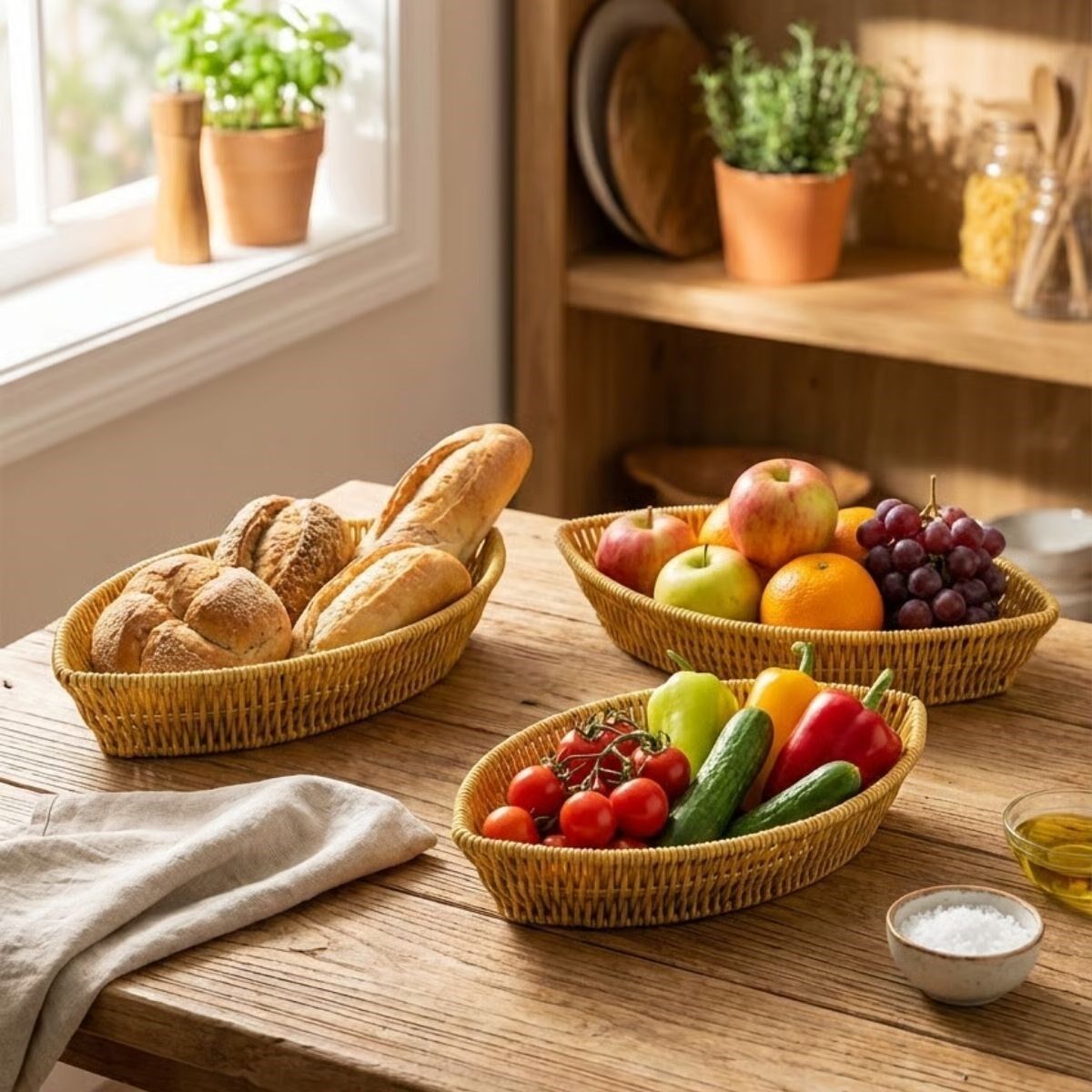 Yumurcak Shop® 3’lü Kayık Formlu Plastik Rattan Sepet Seti–Hasır Görünümlü Ekmek, Meyve ve Sunum Sepetleri, Çok Amaçlı Masaüstü Organizer