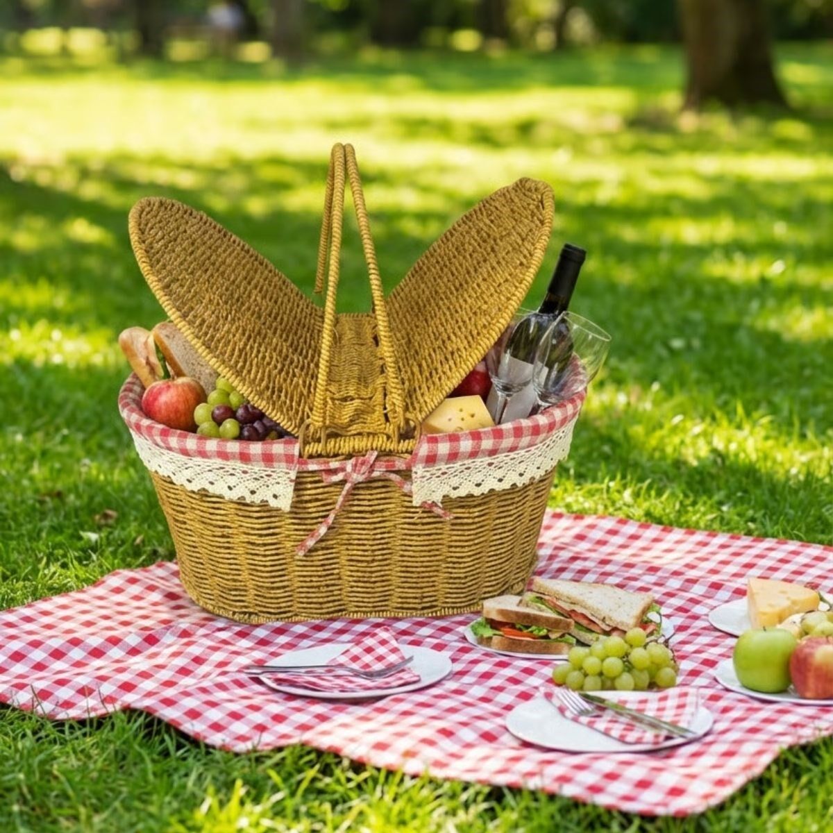 Yumurcak Shop® 2 Kapaklı Oval Plastik Rattan Piknik Sepeti – Doğal Hasır Görünümlü Çok Amaçlı Piknik, Plaj ve Bahçe Sepeti