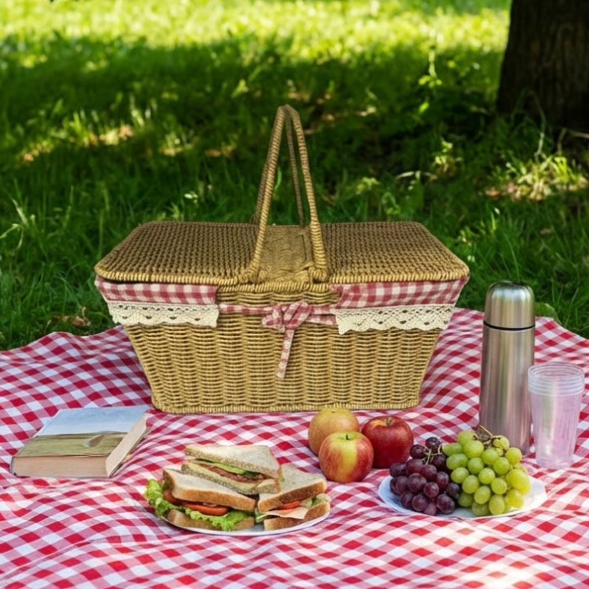 Yumurcak Shop® 2 Kapaklı Dikdörtgen Plastik Rattan Piknik Sepeti – Doğal Hasır Görünümlü Çok Amaçlı Piknik, Plaj ve Bahçe Sepeti