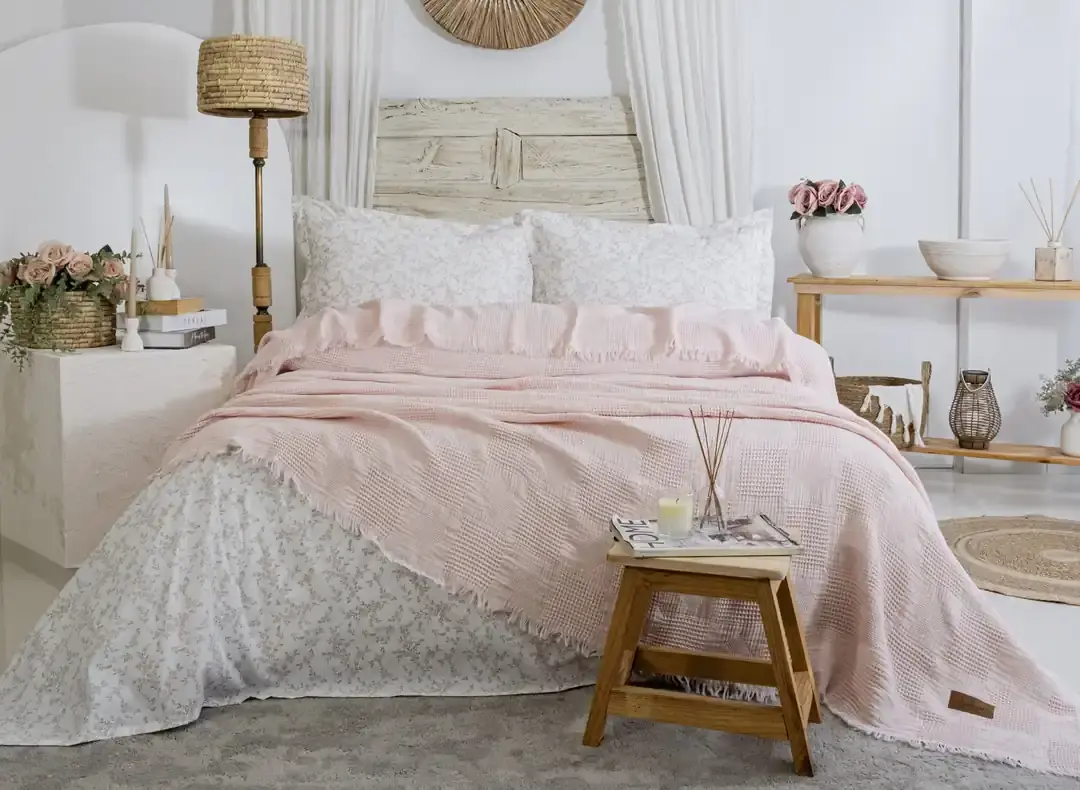 Şaheser Home Collection Müslin Yatak Örtüsü Çift Kişilik Pamela Pudra