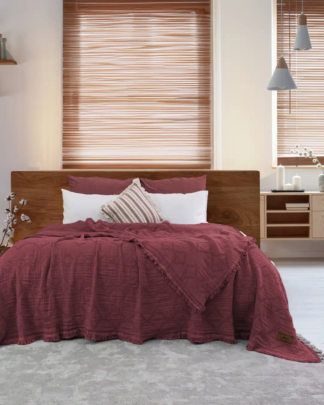 Şaheser Home Collection Müslin Yatak Örtüsü Çift Kişilik Oscar Rubby Kırmızı