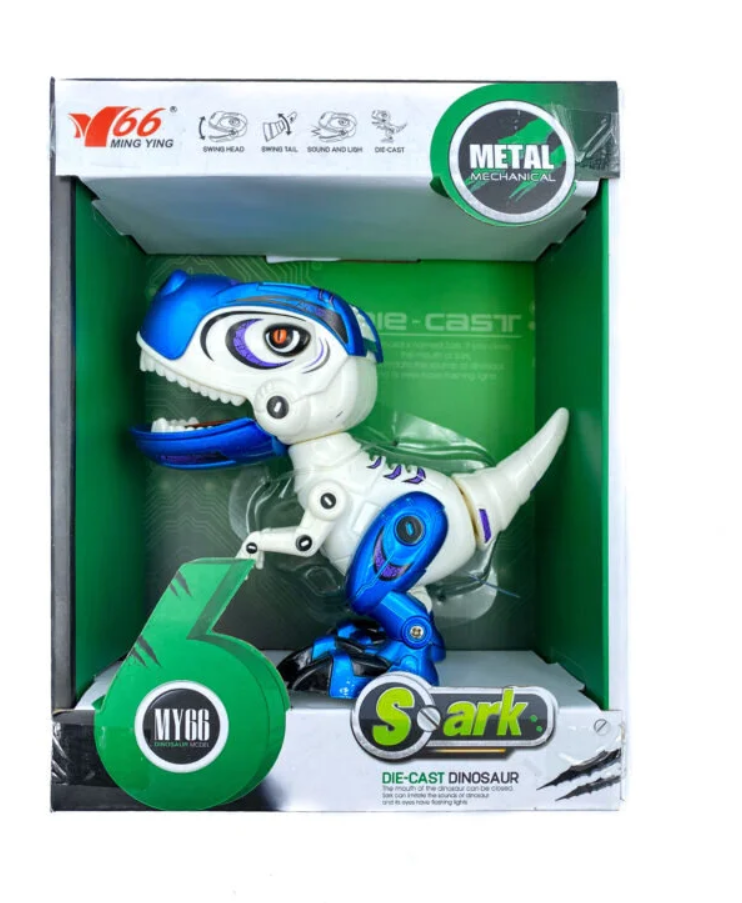 Dekoratif Metal Sesli ve Işıklı Mavi Beyaz Dinozor