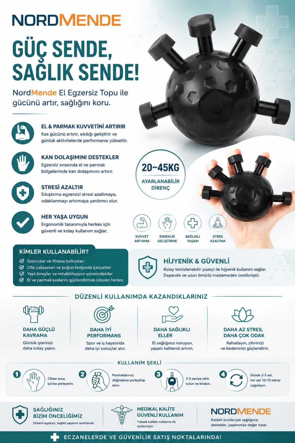 NORDMENDE Gripball Bilek ve Parmak Güçlendirme Topu – El Egzersiz Topu – Kavrama Gücü Antrenman Topu – El Bilek Parmak Egzersiz Ekipmanı