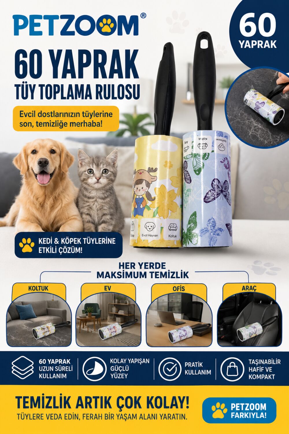 PETZOOM 60 Yaprak Tüy Toplama Rulosu Kedi Köpek Tüy Toplayıcı Ev Koltuk Araç Ofis Temizlik Rulosu