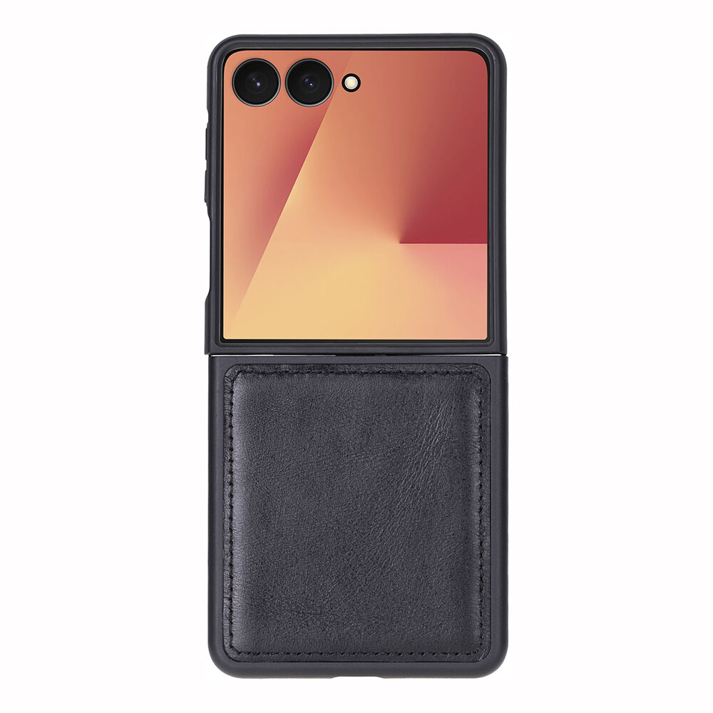 Samsung Galaxy Z Flip7 Uyumlu, Hakiki Deri, El Yapımı Arka Kapak Parlak Siyah