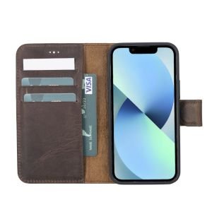 Apple iPhone 13 Mini Uyumlu Deri Cüzdanlı Kılıf G6 Kahverengi