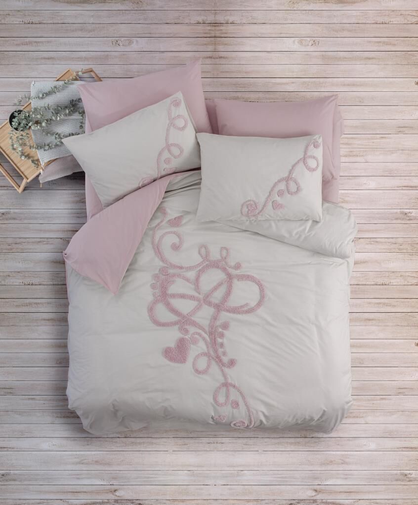 Cotton Box Puff Nakışlı Ranforce Çift Kişilik Anneler Günü Nevresim Takımı Bellini Pembe