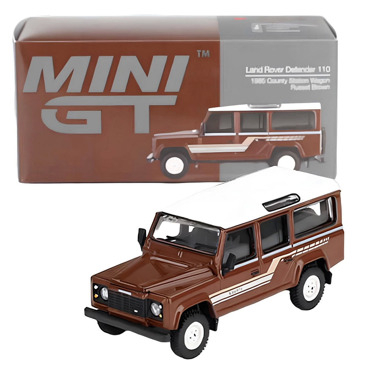 Mini GT 1-64 Land Rover Defender 110 1985 County Station Wagon Russet Brown