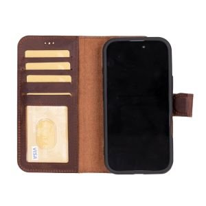 Apple iPhone 16 Plus uyumlu, Hakiki Deri, El Yapımı, Cüzdanlı Kılıf, Antik Kahve