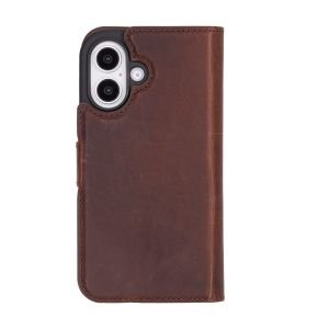 Apple iPhone 16 Plus uyumlu, Hakiki Deri, El Yapımı, Cüzdanlı Kılıf, Antik Kahve