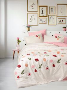 Cotton Box Puff Nakışlı Ranforce Çift Kişilik Nevresim Takımı Blossom Somon