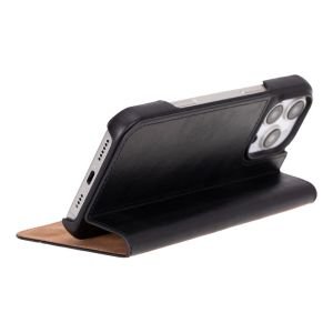 Apple iPhone 16 Pro Max uyumlu, Hakiki Deri, El Yapımı, Cüzdanlı Kılıf, Parlak Siyah