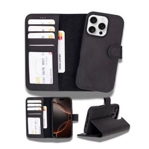 Apple iPhone 16 Pro Max uyumlu, Hakiki Deri, El Yapımı, Cüzdanlı Kılıf, Mat Siyah