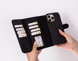 Apple iPhone 16 Pro uyumlu, Hakiki Deri, El Yapımı, Cüzdanlı Kılıf, Mat Siyah