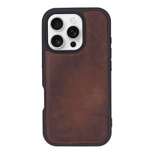 Apple iPhone 16 Pro Max uyumlu, Hakiki Deri, El Yapımı, Cüzdanlı Kılıf, Antik Kahve