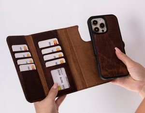 Apple iPhone 16 Pro uyumlu, Hakiki Deri, El Yapımı, Cüzdanlı Kılıf, Antik Kahve
